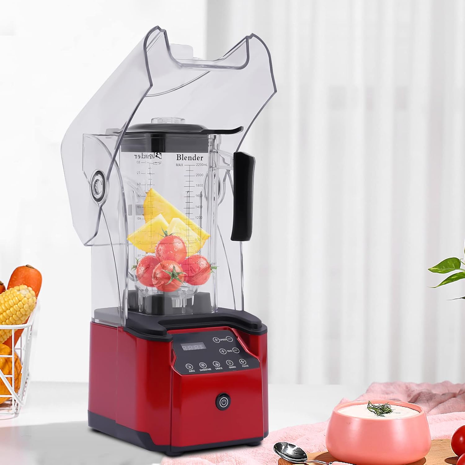 Professional Blender with Shield, Eapmic Soundproof Blender, Commercial Countertop Blenders, 2200W 8 Gears Commercial Smoothie Countertop Blender for Smoothies, Ice Cream, Sauce, Red