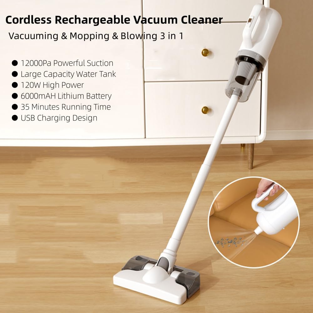 Cordless Stick Vacuum Cleaner and Mop Combo, Vacuum Blower and Mop 3 in 1, 12000pa Suction Stick Vacuum Cleaner Rechargeable Upright Vacuum with Water Tank for Home Hard Floor Pet Hairs