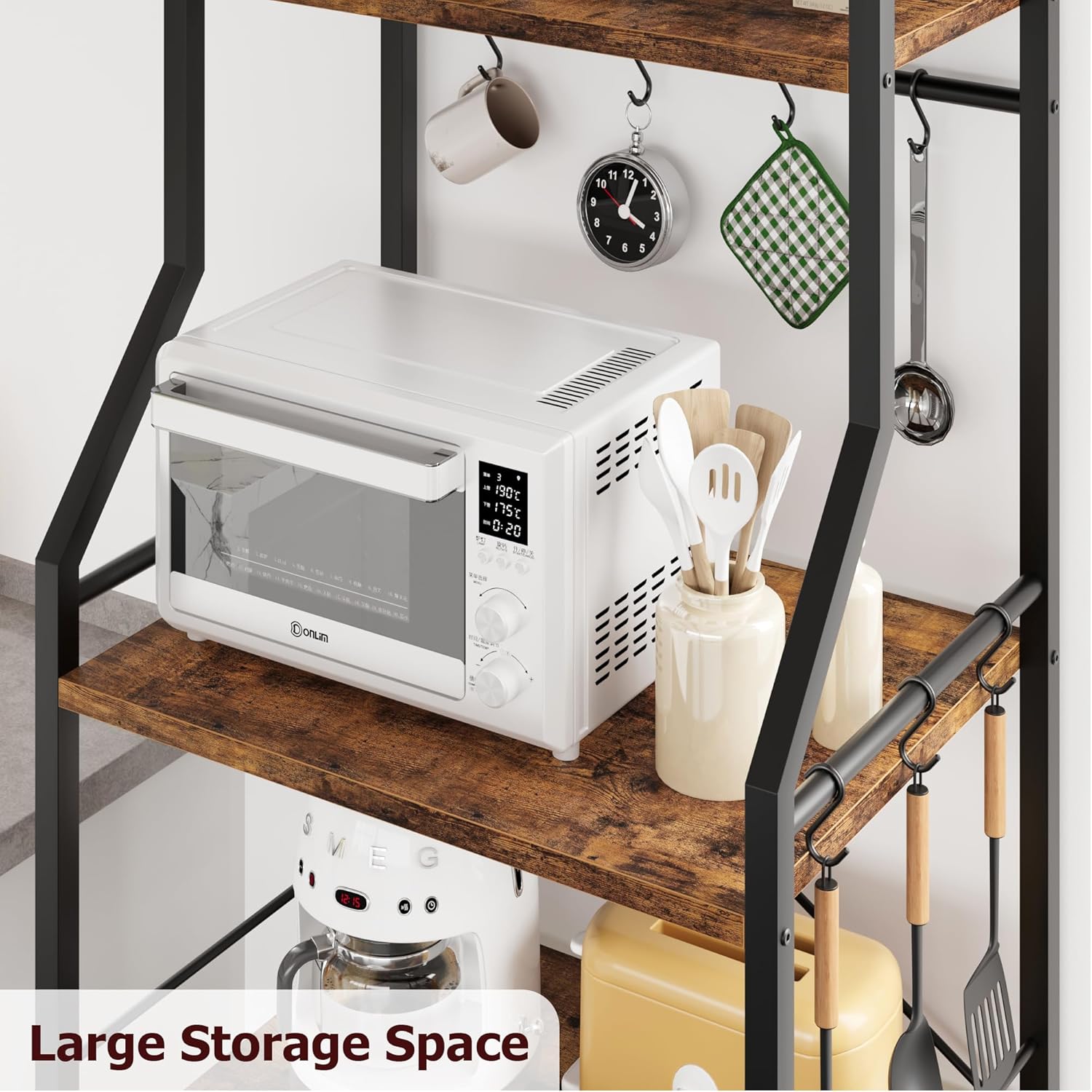 IDEALHOUSE Kitchen Bakers Rack, Microwave Oven Stand with Large Wire Basket, Industrial Coffee Bar Station, 4-Tier Kitchen Utility Storage Shelf with 8 Hooks for Spice, Pots Organizer, Rustic Brown