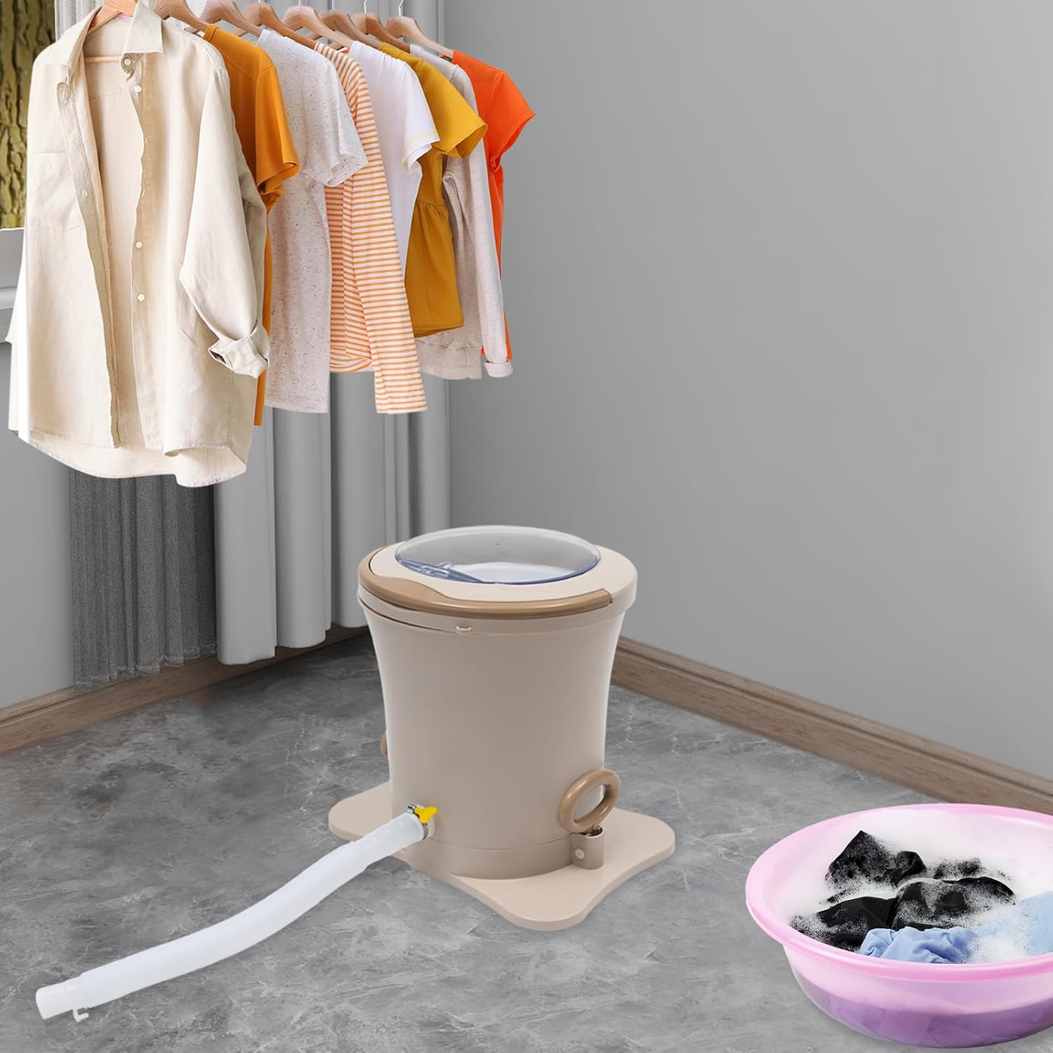 Manual Clothes Dryer Portable, 9L Compact Washer Spin Dryer, Manual Draw Cord Dryer, Non Electric Laundry Dryer for RV, Camping, School, Apartment, Dorm (Apricot)