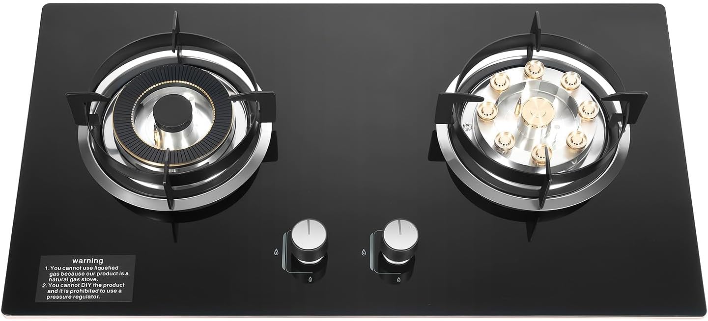 28 inch Built in Gas Cooktops, 5.2KW Dual Burner Stainless Steel Glass Cooktop, 2 Burner Gas Stove with Instant Ignition and Flame Failure Protection for Kitchen, Domestic, Restaurant, Black