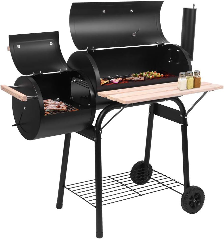 Charcoal Grill with Side Fire Box and Offset Smoker, BBQ Outdoor Picnic, Camping, Patio Backyard Cooking