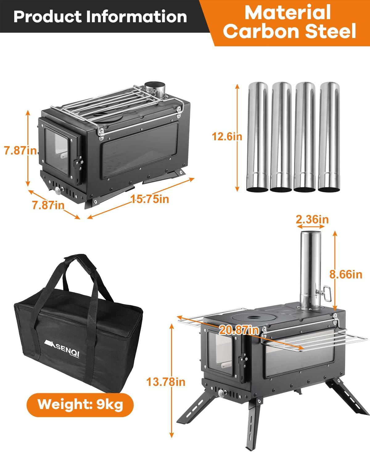 Camping Wood Stove，Wood Burning Tent Stove，Portable Hot Tent Stove for Camping, Hunting, Ice Fishing，Cooking，Shelter (Black)