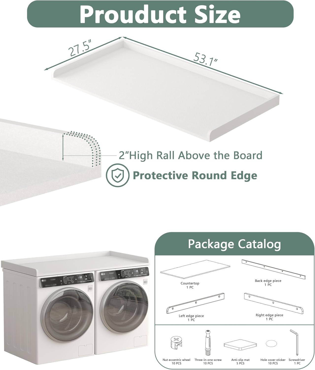 Piskyet Washer Dryer Countertop,Laundry Countertop with Edge Rails,27.5