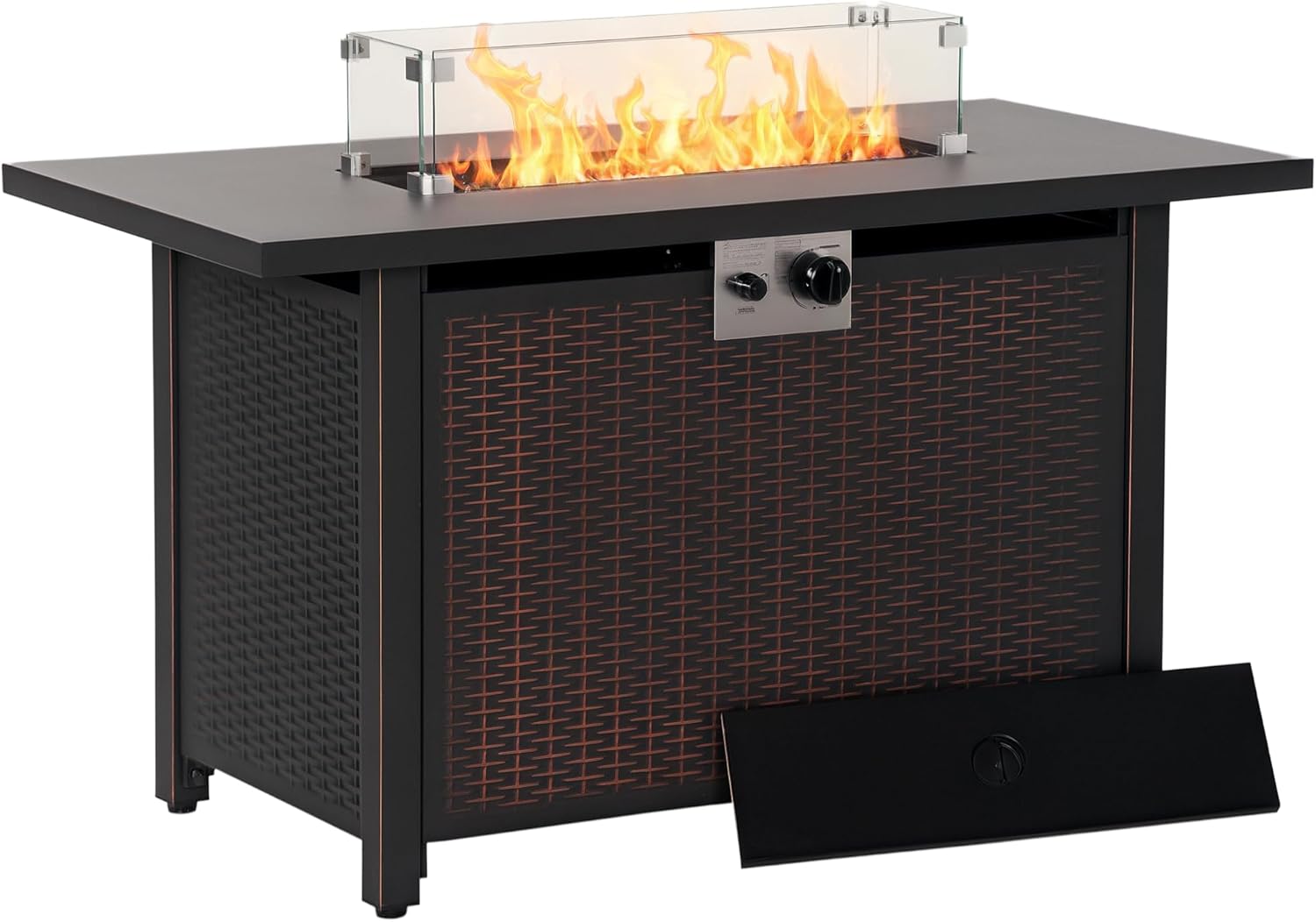 Outsunny 43 Inch Outdoor Propane Gas Fire Pit Table, 50,000 BTU Auto-Ignition Rectangular Wicker-Effect Gas Firepit with Glass Wind Guard, Lid, Glass Beads, Steel Base, CSA Certification, Bronze