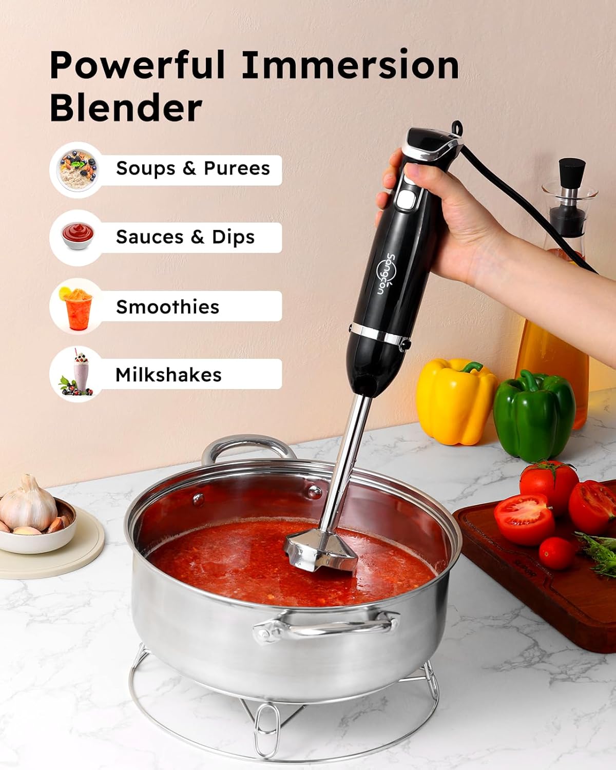 Sangcon Immersion Blender Handheld, 3-in-1 Hand Blender Electric, 400W Handheld Licuadora de mano, Stainless Steel Blade Stick Mixer with Whisk, Milk Frother Attachments - Black