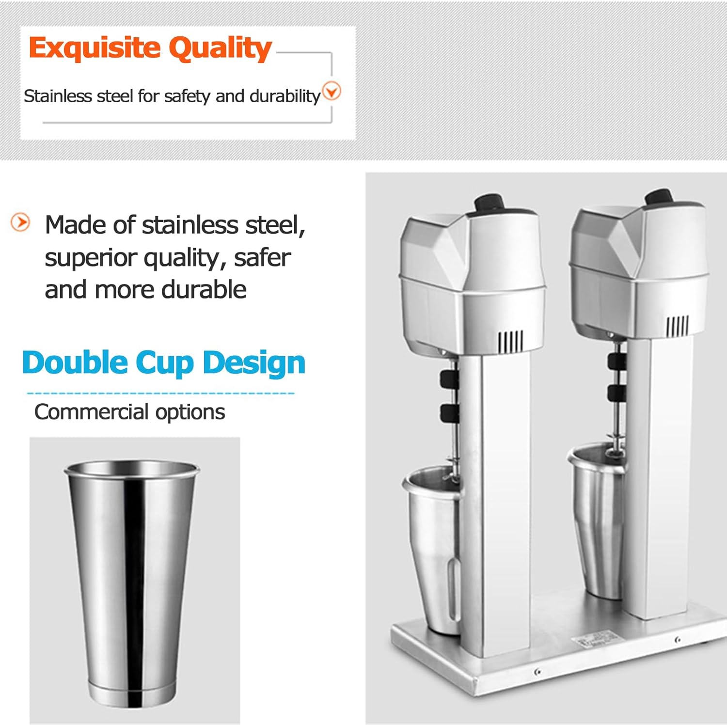 Commercial Milkshake Maker with 2 X 1000 Ml Cups, 600W Motor Electric Mixed Drink Maker Micro Sensor Switch Max 16000R/Min Double Heads Drink Mixer Blender