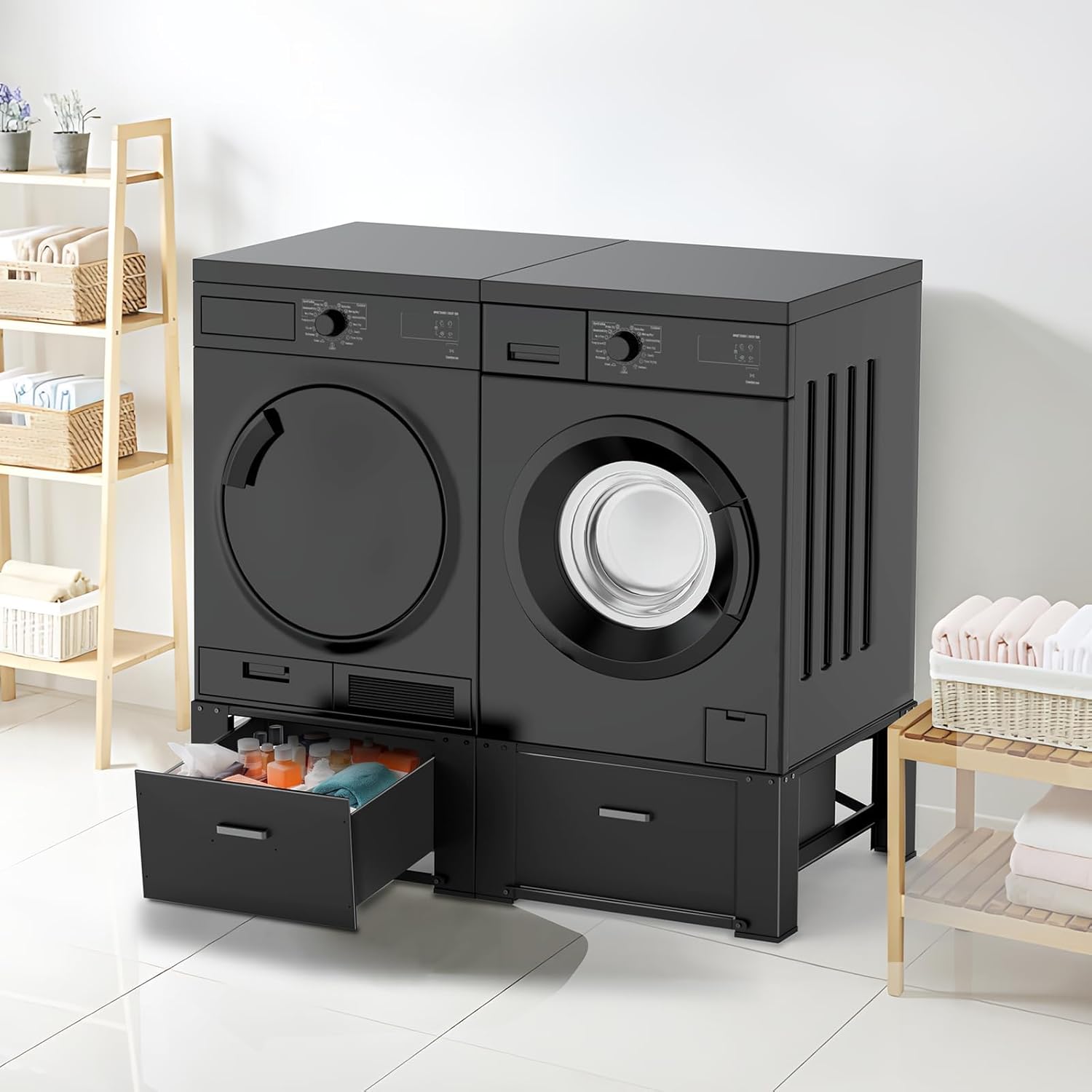 2 Pack Laundry Pedestals with Drawer, 29'' x 29'' x14.3'', Heavy-Duty Steel, Washing Machine Base Stand, Dryer Base Platform, Capable of Supporting 700 lbs, Black