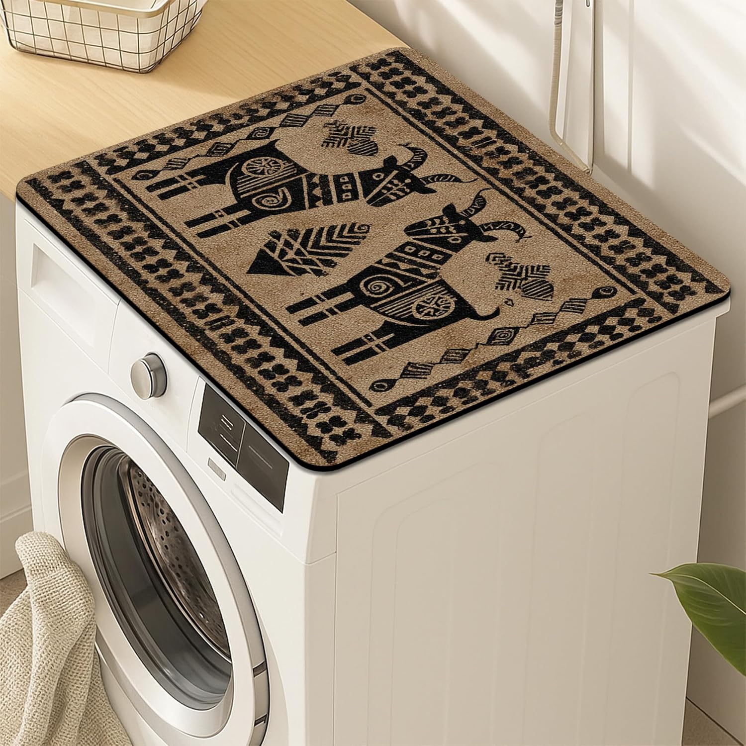 Abstract Goat Washer Dryer Top Protector Mat, Tribal Modern Black and Beige Laundry Machine Covers, Rustic Rubber Anti-slip Waterproof Washer And Dryer Mats for Home 24x24 Inch