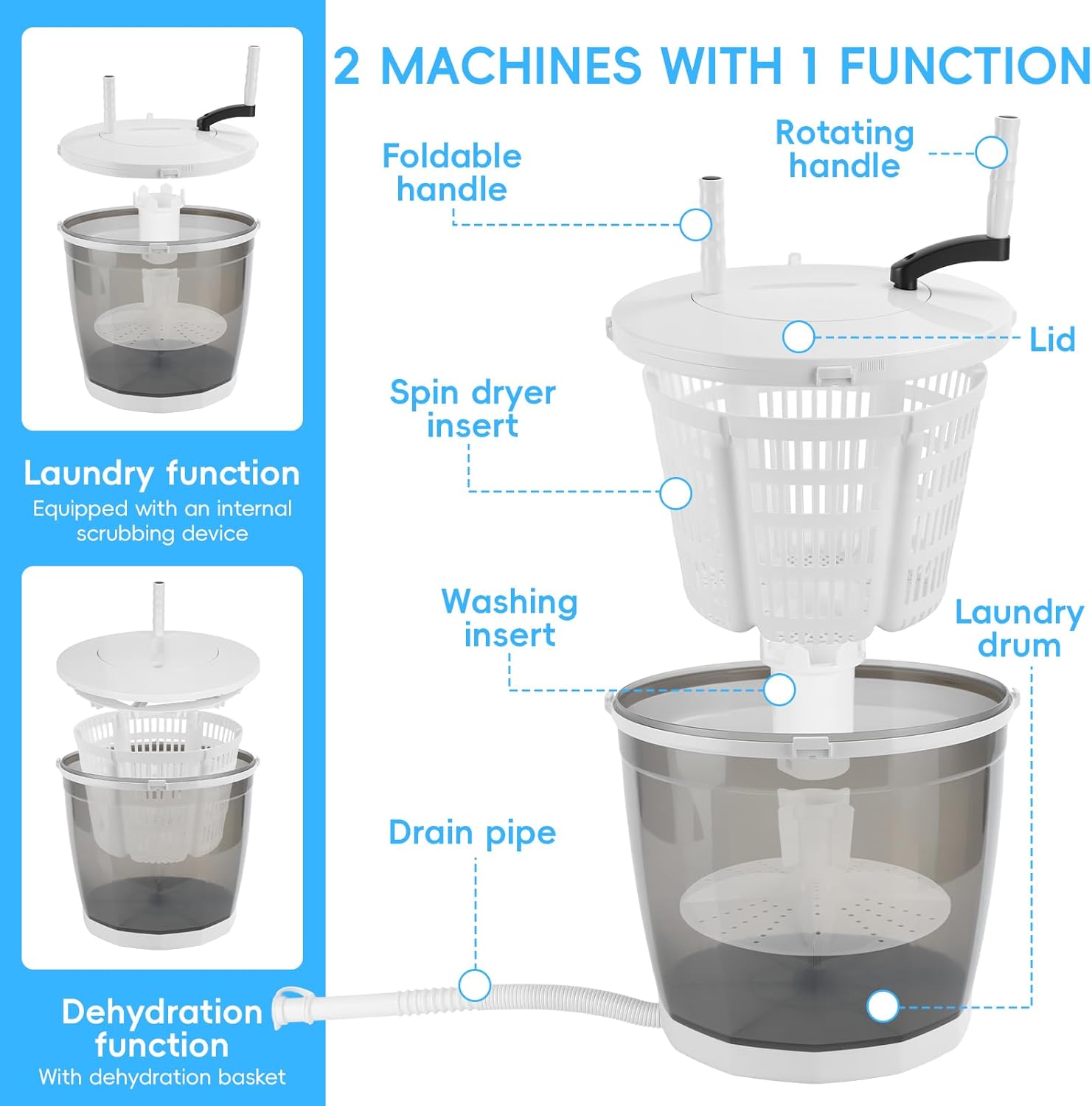 2‑in‑1 Hand Crank Washing Machine & Spin Dryer, Mini Portable Washing Machine, For Travel, Dorm, Camping, No Power Needed, Suction Cup Base, 2kg Capacity, Energy‑efficient (1)