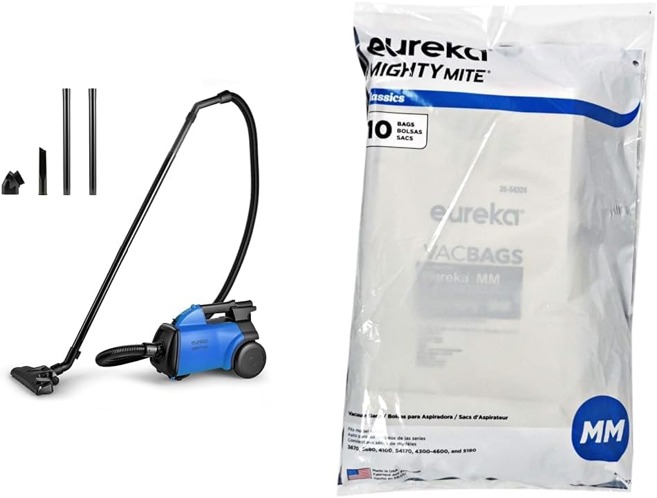 Bundle of Eureka Mighty Mite Bagged Canister Vacuum Cleaner, 3670H w/ 2bags, 3670h-blue + Eureka MM Vacuum 60297A Style-10 Per Unit, 10 Bags, White