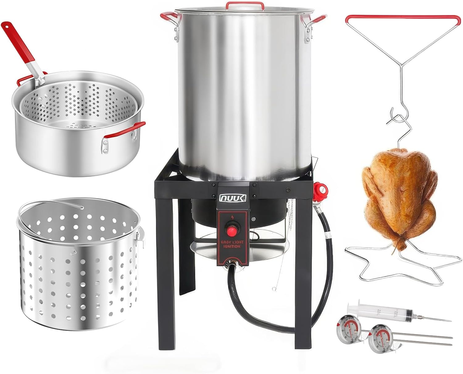 NUUK 30QT Turkey Fryer & 10QT Fish Fryer Combo Kit Aluminum Deep Fryer Pot with Basket, CSA Approved 50,000BTU Burner with Auto Ignition System and 10PSI Regulator, Thermometer, Turkey Rack