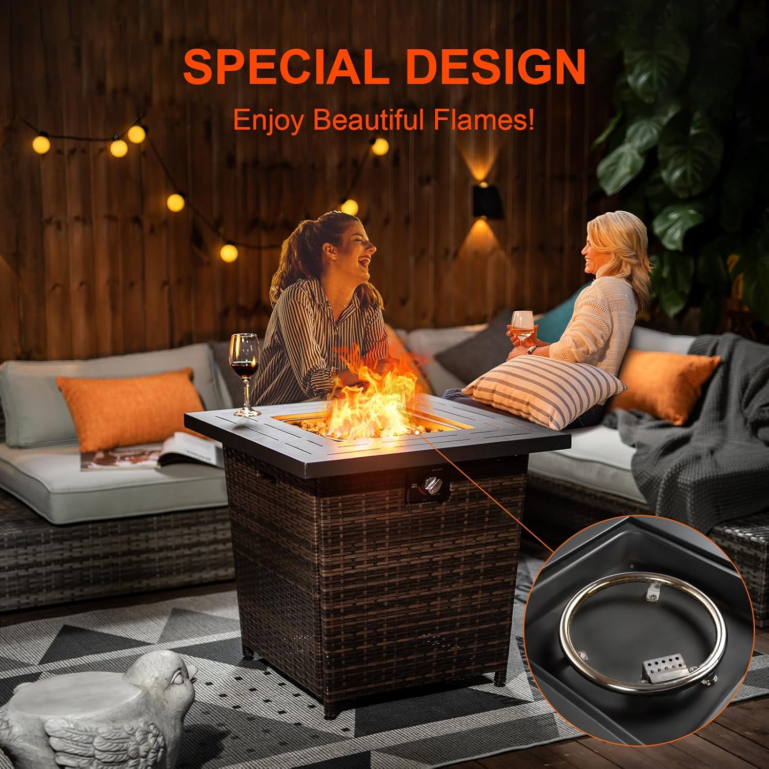 28inch Wicker Square Fire Pit Table, 40,000 BTU Outdoor Wicker Patio Propane Firepit Steel Tabletop, Brown
