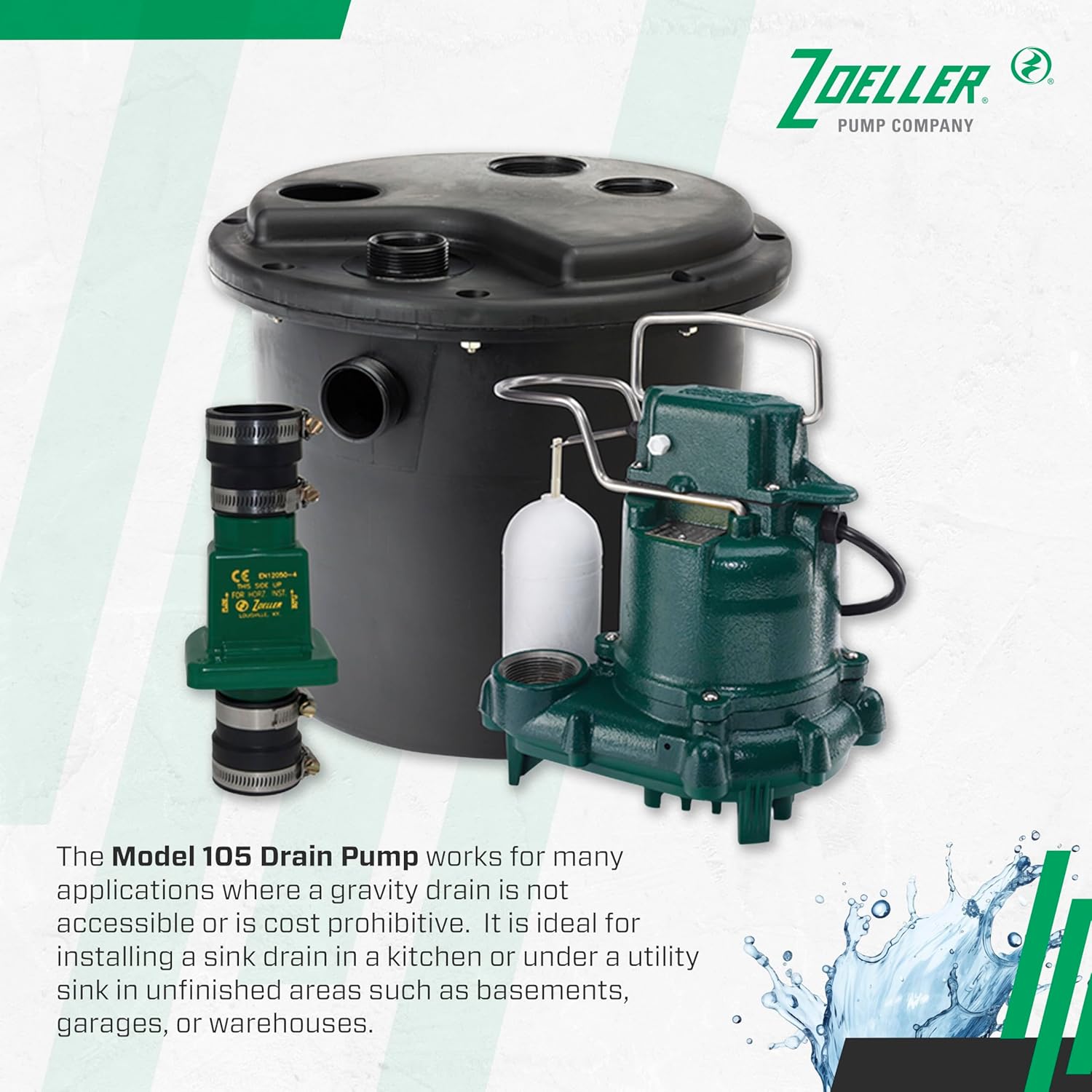 Zoeller 105-001 Automatic Drain Pump System - With 3/10HP Submersible Sump Pump M53 - Utility Pump Ideal for Basements, Wet Bars, Utility Sinks, Dishwashers & Ice Machines - 115V