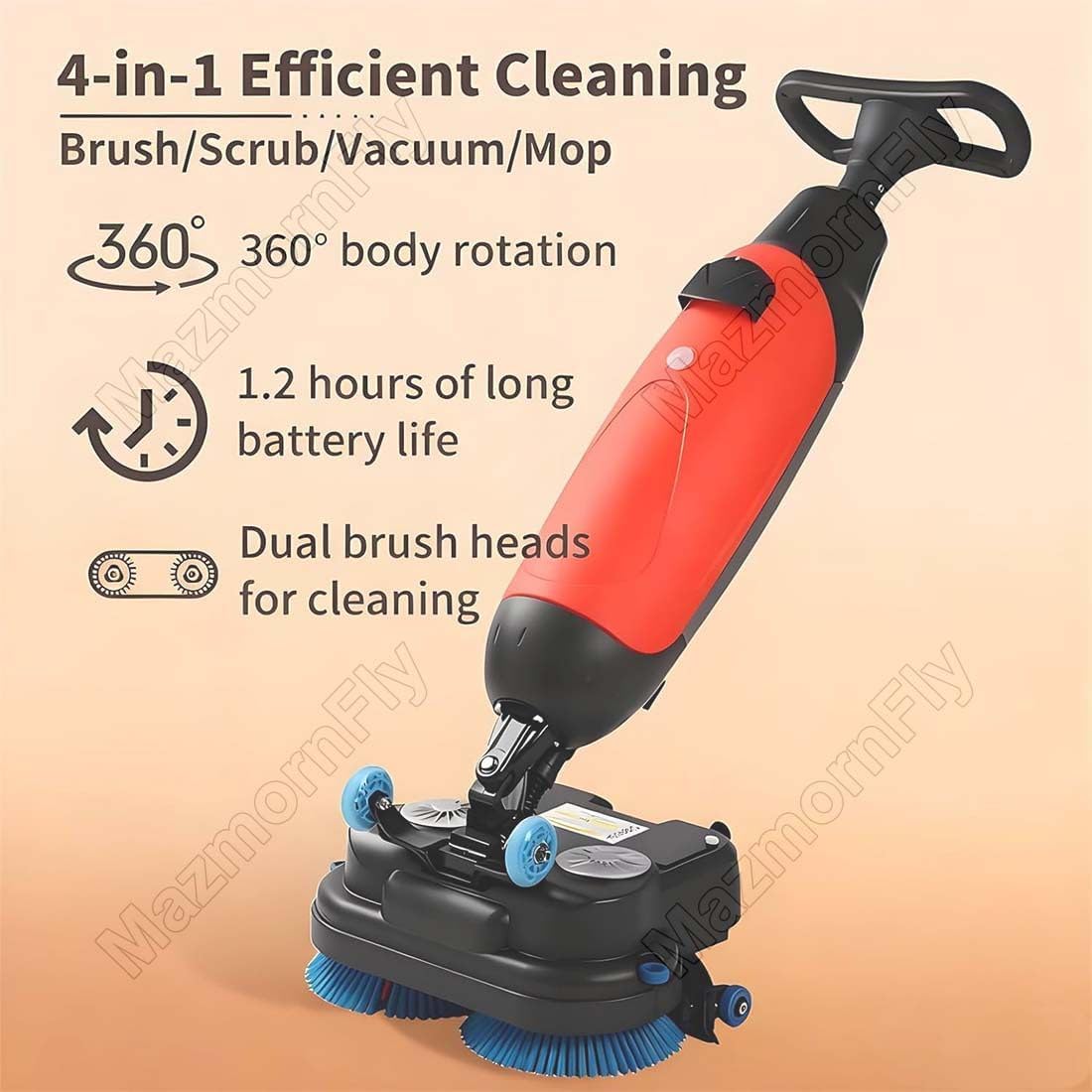 Professional Floor Scrubber, Electric Carpet Spin Cleaner Polisher Buffer, 43 cm Cleaning Width, 1200 m²/h Cleaning Capacity, 240 RPM Deep Cleaning, Dual Brushes Red