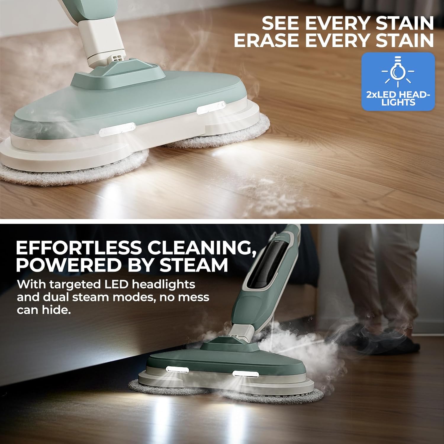 Apical Life Steam & Scrub Steam Mop, All-in-One Scrubbing and Sanitizing Hard Floor Cleaner, LED Headlights, 4 Dirt Grip Soft Scrub Pads Included, L Water Tank, Swivel Steering, Light green