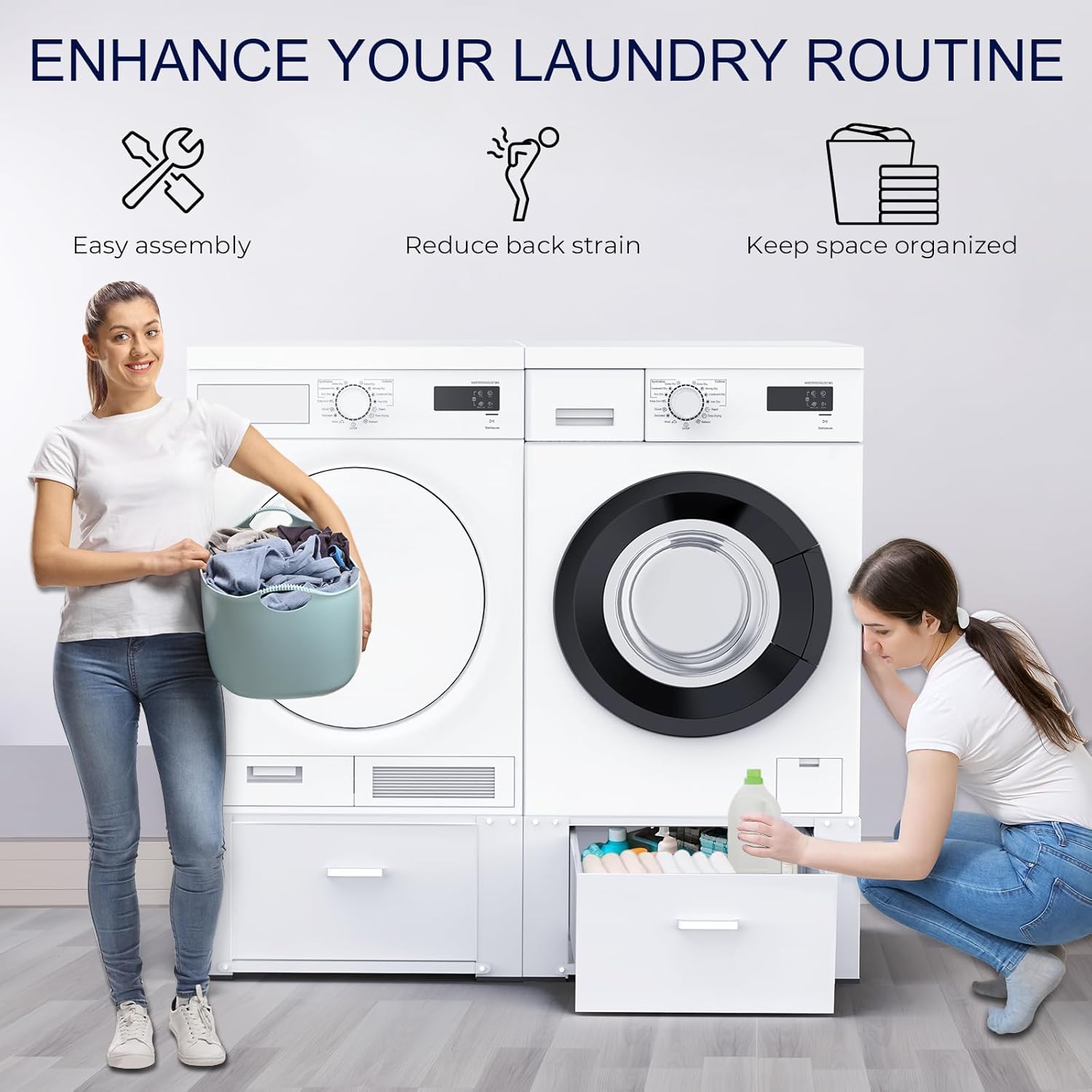 2 Pack Laundry Pedestals with Drawer, Universal Fit, 29'' x 29'' x14.3'', Heavy-Duty Steel, Washing Machine Base Stand, Dryer Base Platform, Capable of Supporting 700 lbs, White