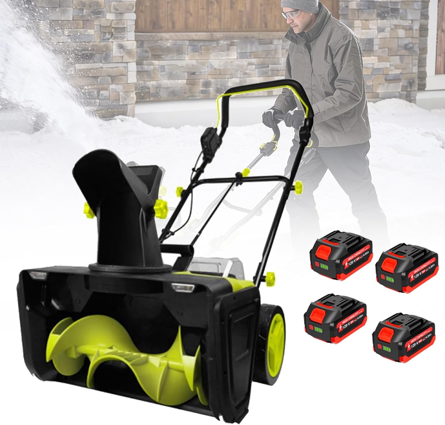 Electric Walk Behind Snow Blower, 40V Cordless Electric Snow Blower 3500W with Dual LED Headlights - Clears 50 cm Width & 25cm Depth Snow, for Residential & Commercial Areas 4Battery