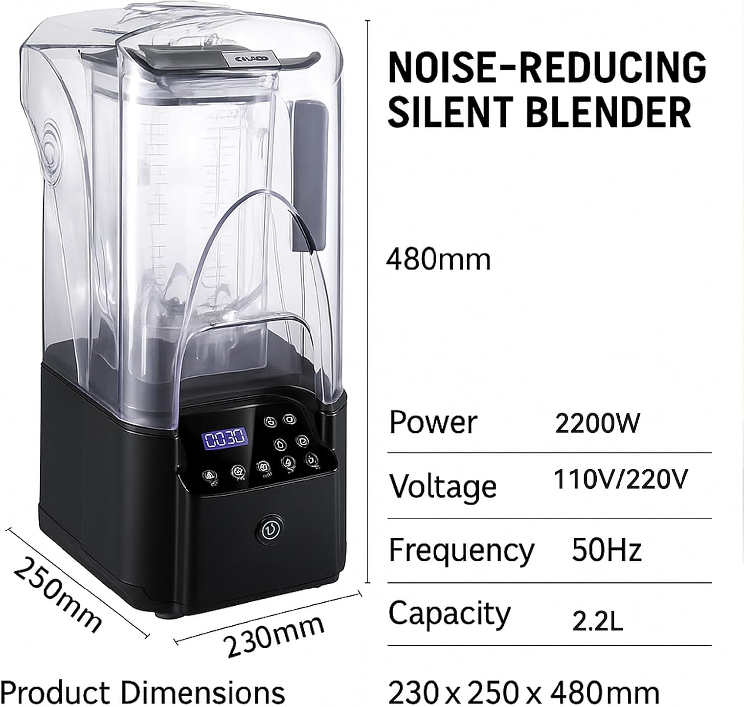 2200W Quiet Commercial Blender with Soundproof Shield – 2.2L Countertop Smoothie Maker with Smart Touch Screen – High Speed Food Blender for Ice, Juices, Shakes, Restaurants, Home Use,Black