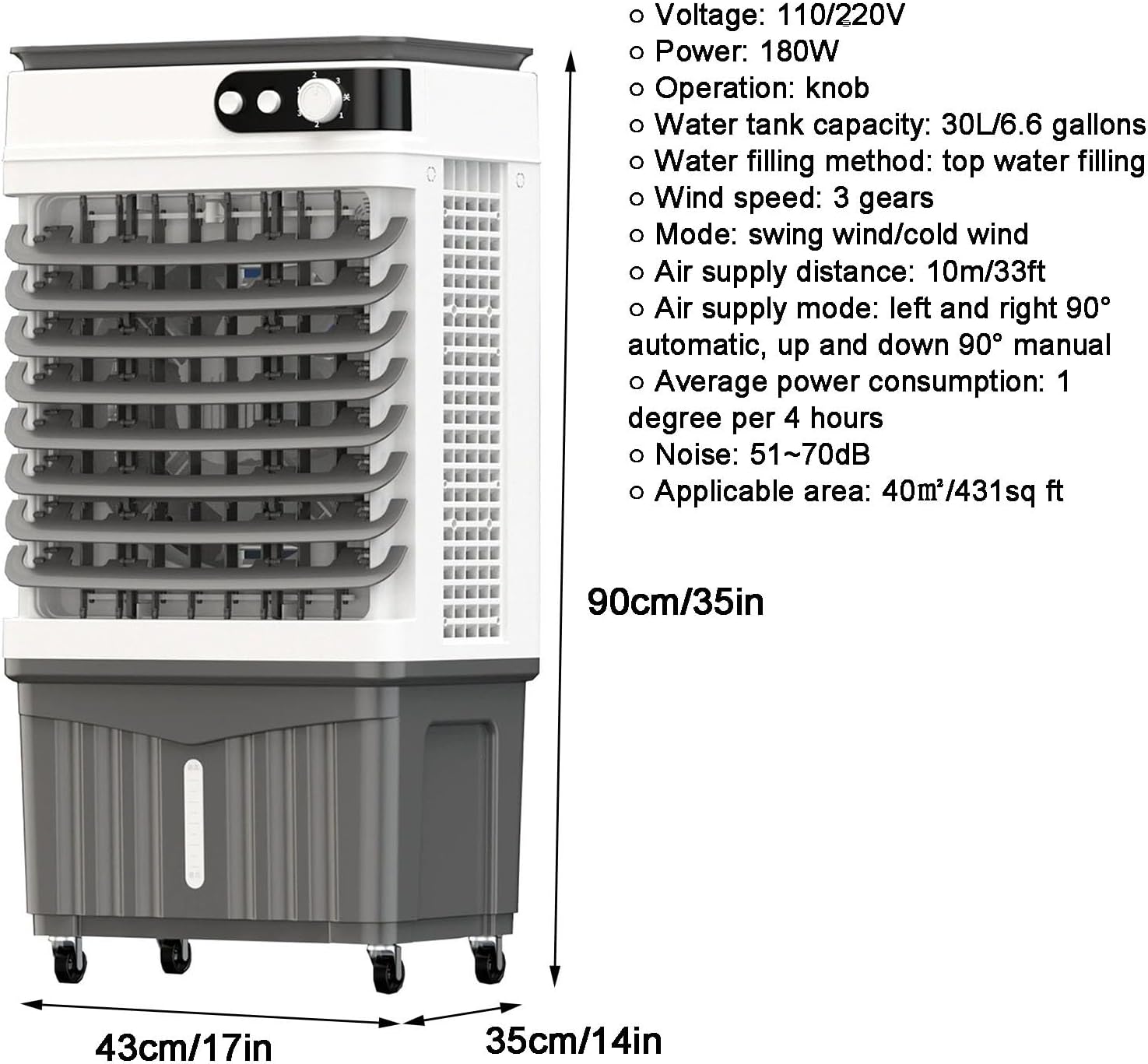 Swamp Cooler, Portable Evaporative Air Cooler, 4 Ice Box & 6.6 Gal Tank, 3 Speeds, 3-in-1 Portable Air Conditioners for Outdoor, Office, Home