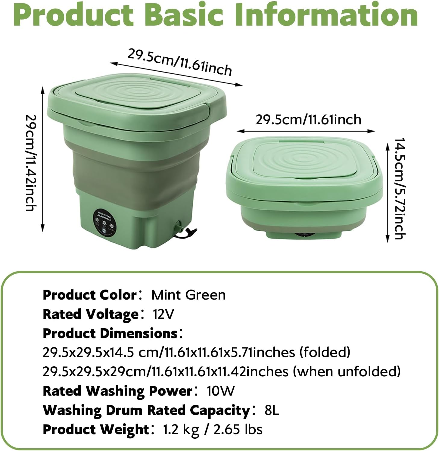 8 L Portable Mini Washing Machine, Foldable Washer and Spin Dryer with Drainage Basket, Electric Collapsible Washing Machine for Apartment Camping, RV, Travel, Underwear, Socks (Mint Green)