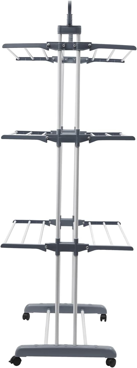 4-Tier Gray Foldable Clothes Drying Rack Rolling Dryer Hanger Stand Outdoor Washing Line Clothes Dryer Storage Rack Metal Laundry Garment Dryer Stand with 2 Side Wings, Bedroom Balcony Use (Gray)