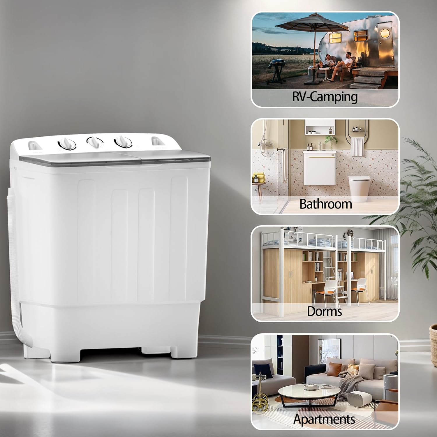 Sportpulse 17lbs Mini Twin Tub Portable Washing Machine, 10lbs Washer & 7lbs Spinner with Time Control for Apartments, Camping, RV – Compact Black Laundry Washer