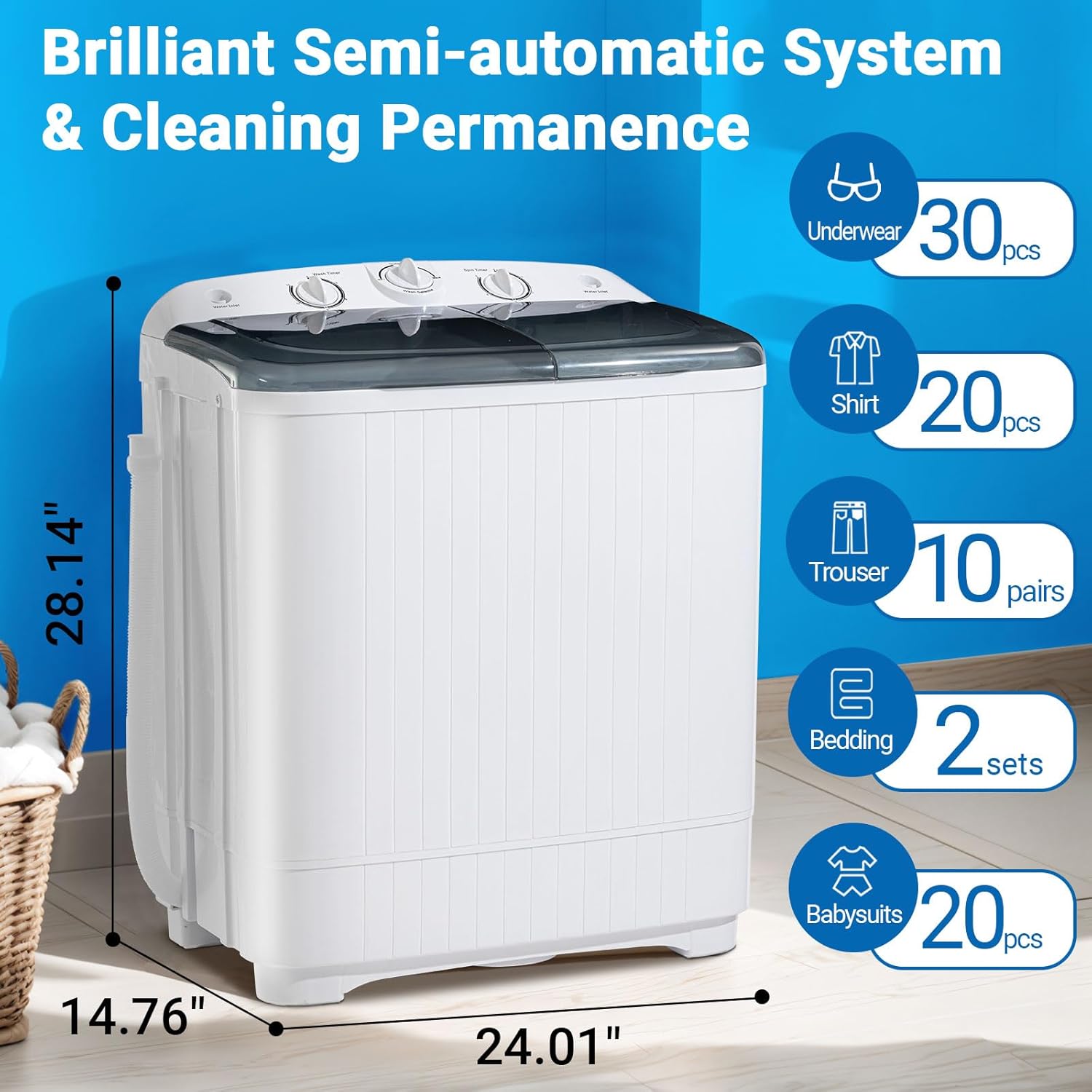 2-in-1 Portable Twin Tub Washing Machine, 13lbs Wash 9lbs Spin Capacity, Compact Laundry Washer and Spin Dryer Combo for Apartment, Dorm, RV, Camping