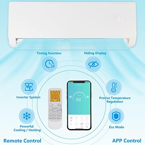 9,000 BTU Wifi Enabled Mini Split AC/Heating System with Inverter, 19 SEER 115V Energy Saving Ductless Split-System Air Conditioner with Pre-Charged Condenser, Heat Pump & Installation Kit