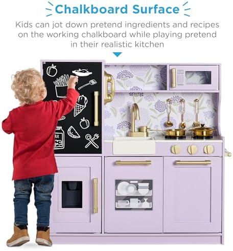 Best Choice Products Pretend Play Kitchen Wooden Toy Set for Kids w/Realistic Design, Telephone, Utensils, Oven, Microwave, Sink - Lavender