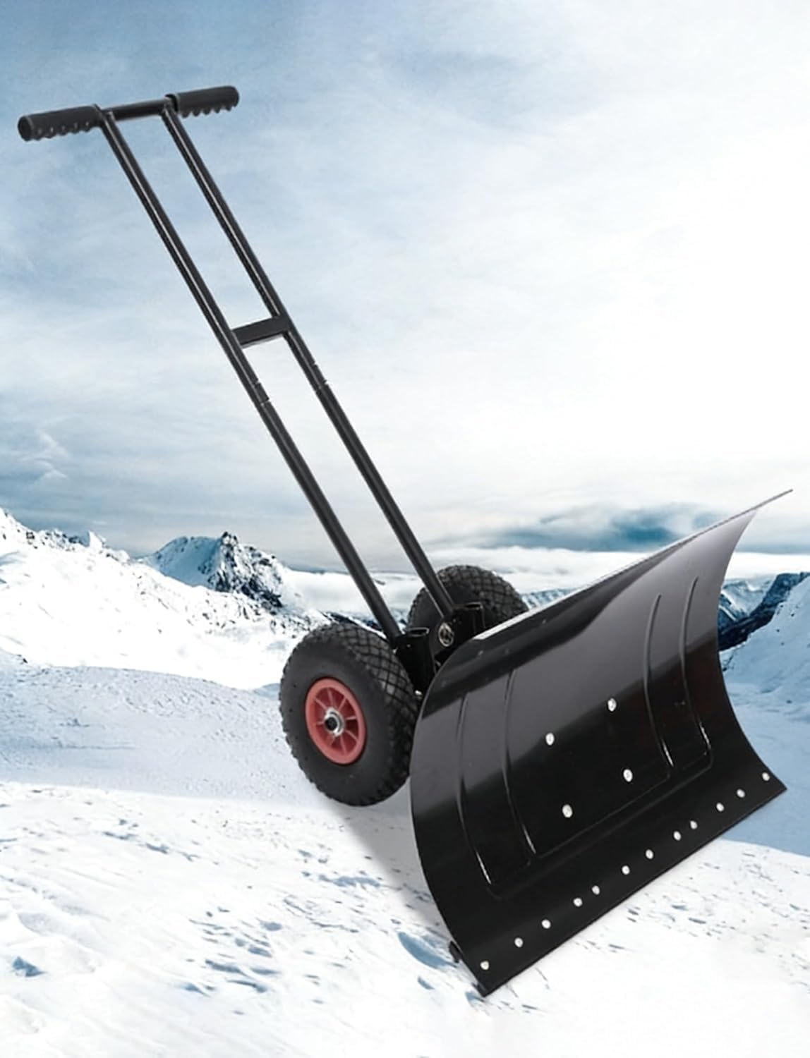 Mobile Snow Blade with Wheels, Angle-Adjustable Galvanized Steel Shovel for Efficient Snow Removal on Walkways and Driveways(Dual-Handle)