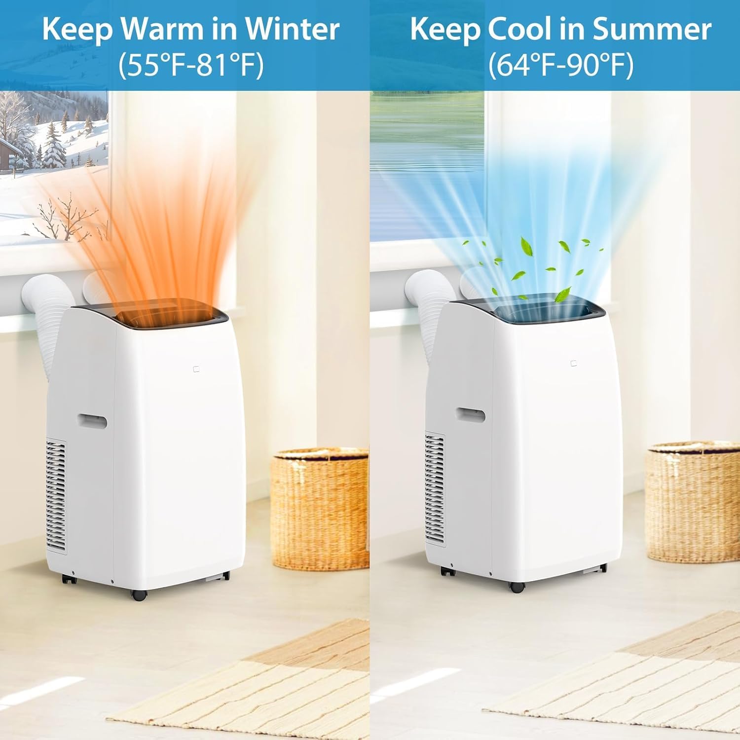 14000 BTU Inverter Portable Air Conditioner Heater and Dehumidifier for Large Rooms Up to 750 Sq Ft Ultra Quiet 42dB Dual Hose Design with Remote Control and 24H Timer
