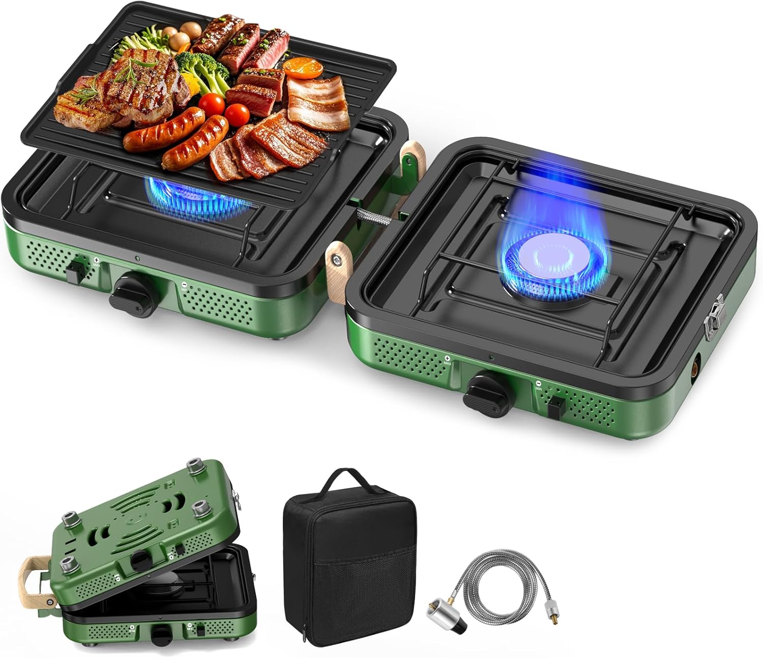 2 Burner Camping Stove, 20000 BTU Propane Camp Stove Portable Folding Gas Travel Stove Camping Essentials Gears Includes Grill,Carrying Bag, Adjustable Burners & Piezo Ignition for Tailgating,BBQ,Camp