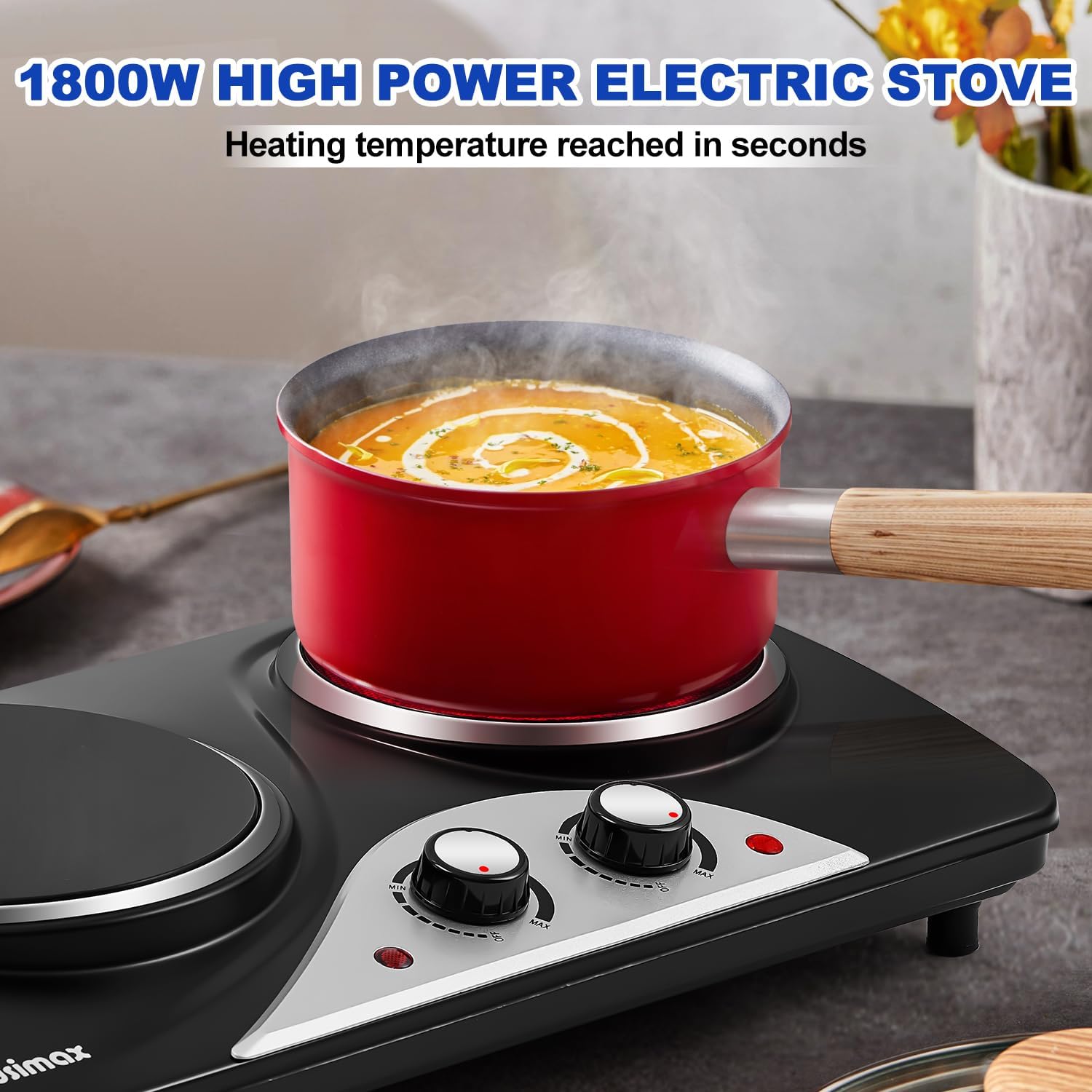 Hot Plate, CUSIMAX Electric Stove 1800W Double Burner, Portable Ceramic Infrared Cooktop, Dual Control Burners for Cooking, Heat-Up in Seconds, Compatible for All Cookwares, Black