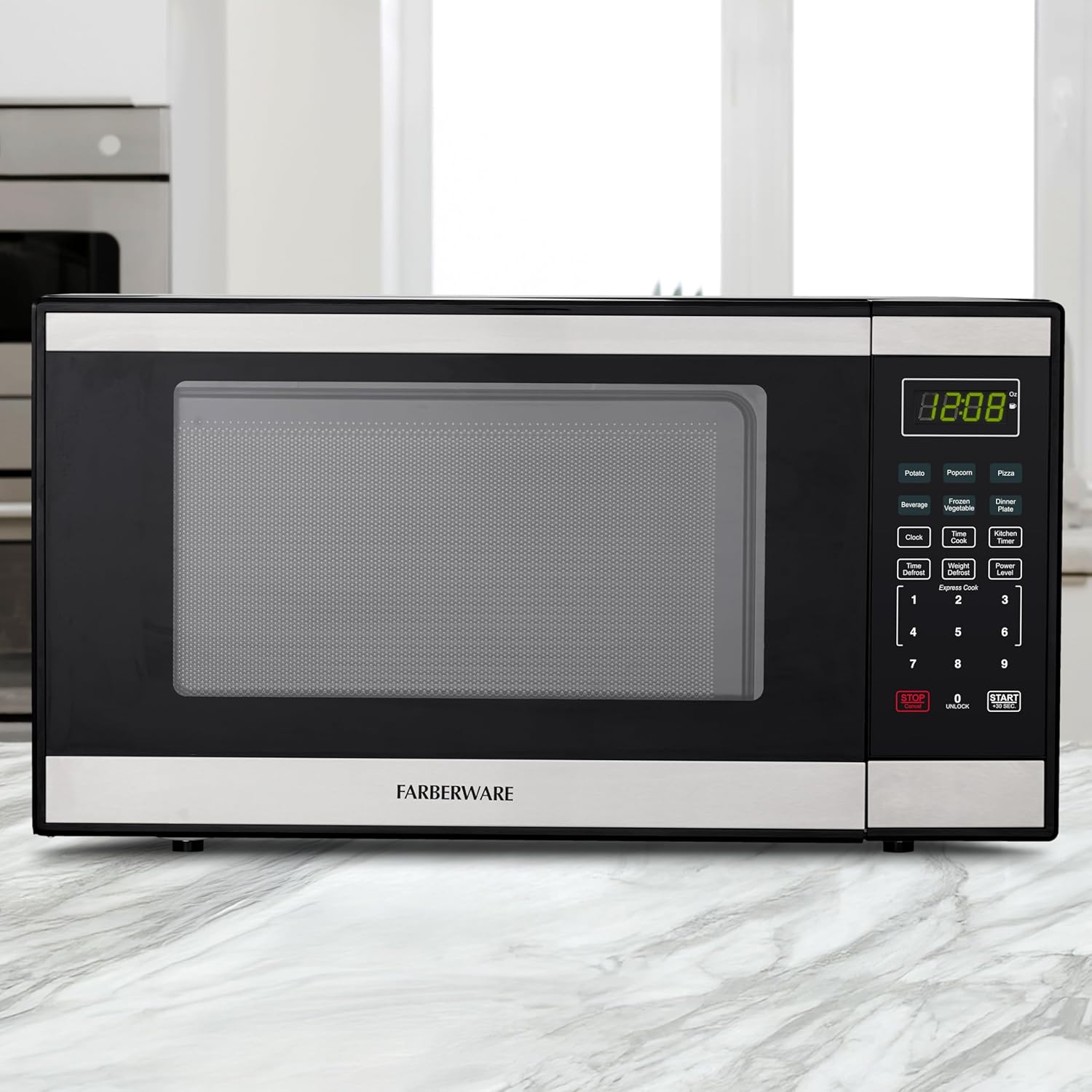 Farberware 1.3 Cu. Ft. Countertop Microwave Oven – 1000 Watts Power, Auto Cook Settings, Defrost, Easy Clean and Child Safety Lock - Stainless