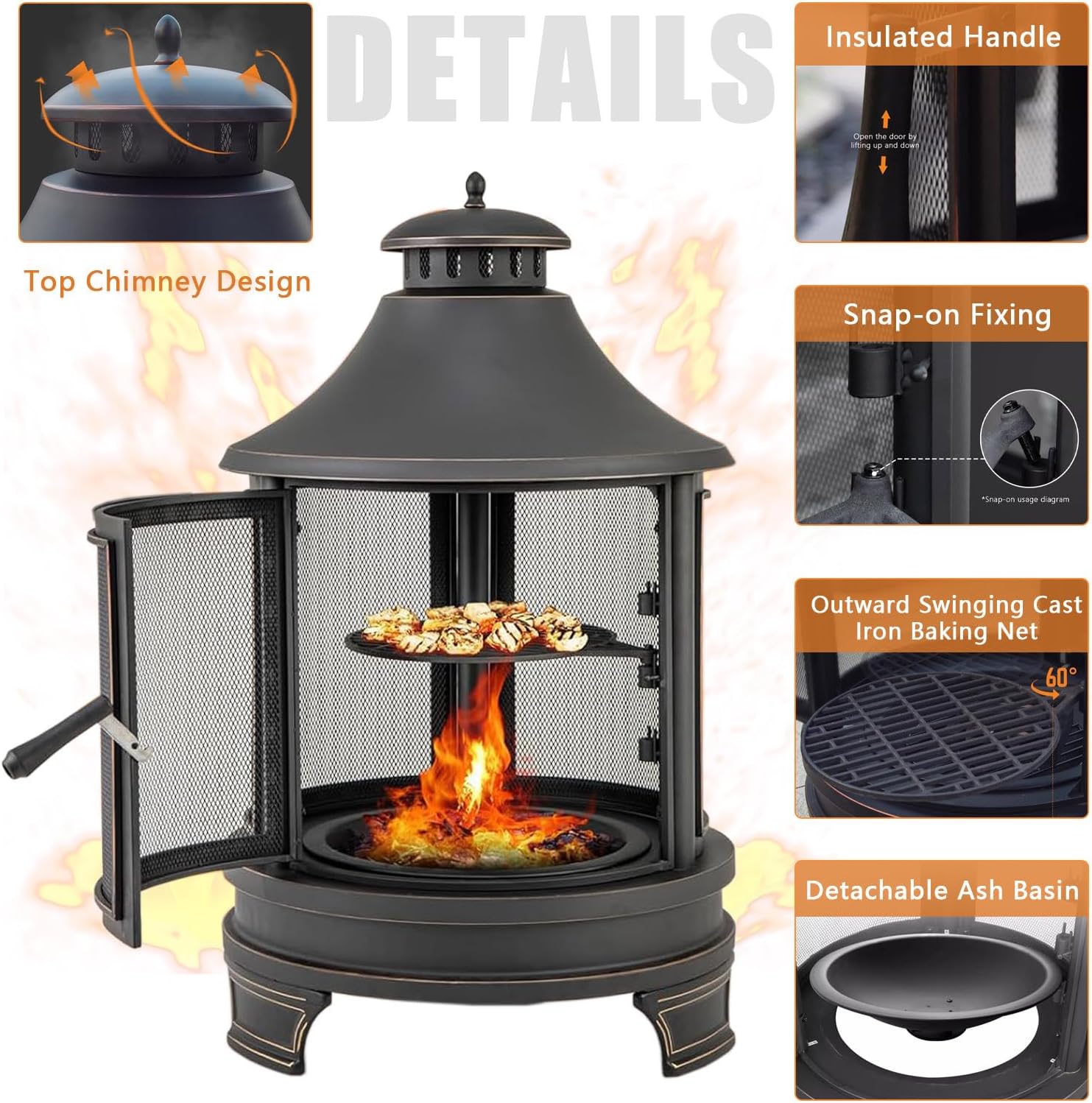 2 in 1 Fire Pit for Outdoor, Wood Burning Fire Pit & Metal Chiminea Fireplaces with Spark Screen Doors & Grill Grate, for Outside Patio Garden Backyard Bonfire Party