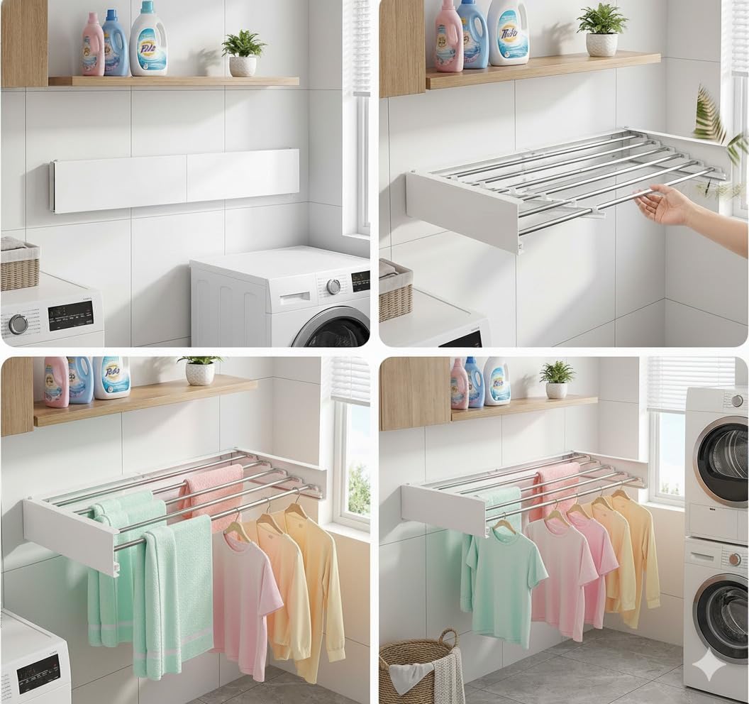 Wall Mounted Drying Rack for Laundry Retractable Clothes Dryer Racks 31.5” with 60 lb Capacity, Heavy Duty Clothing Drying Rack Foldable Space-Saving Design for Indoor & Outdoor