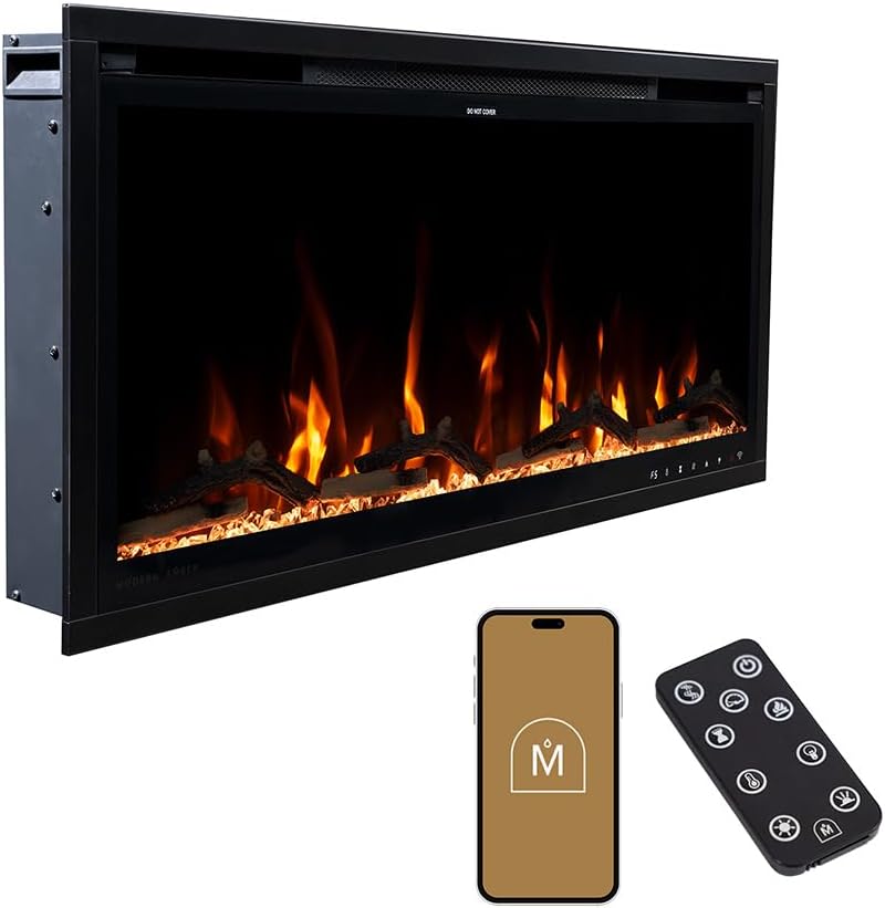 Modern Ember Aerus Slim 36 Inch Smart Linear Electric Fireplace | Recessed in-Wall or Wall-Mount | LED Multiple Flame Colors | Alexa/WiFi Enabled | 4.25” Profile | Remote Included