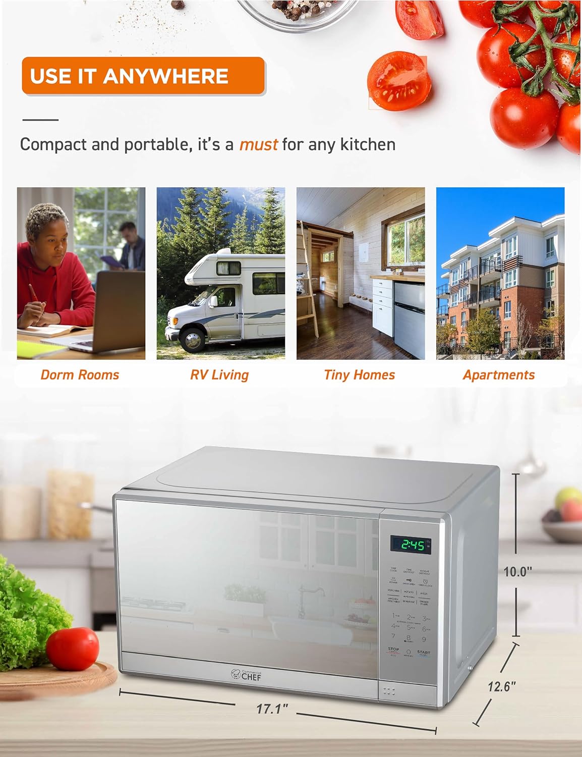 COMMERCIAL CHEF 0.7 Cu Ft Microwave with 10 Power Levels, 700W Microwave with Digital Display, Countertop Microwave with Child Safety Door Lock, Programmable with Push Button, Stainless Steel