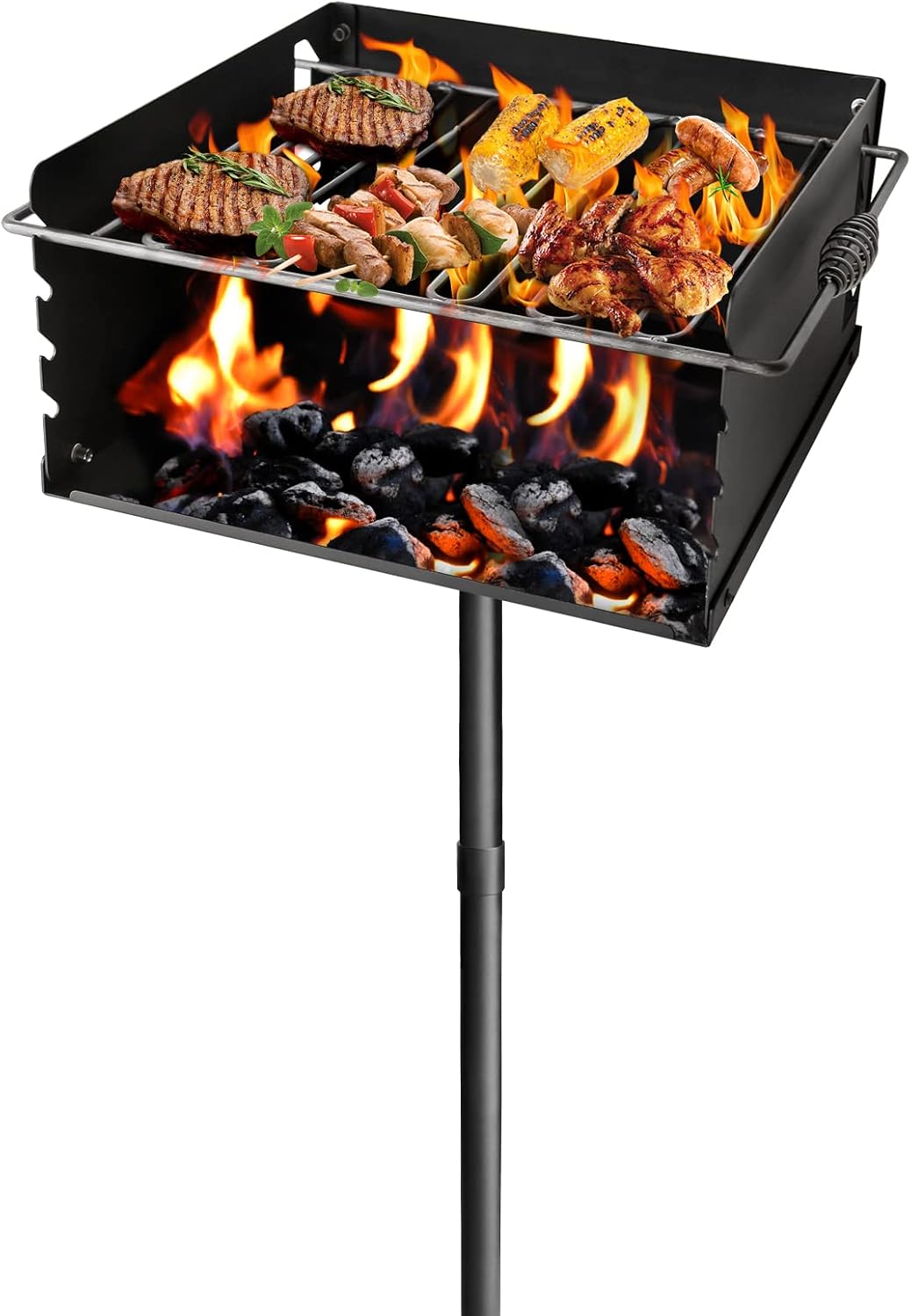 Park-Style Charcoal Grill, 16x16x8 Inch Heavy Duty Steel Outdoor BBQ Grill with Grate, Single Post Carbon Steel Park Grill for BBQ, Backyard, Camping