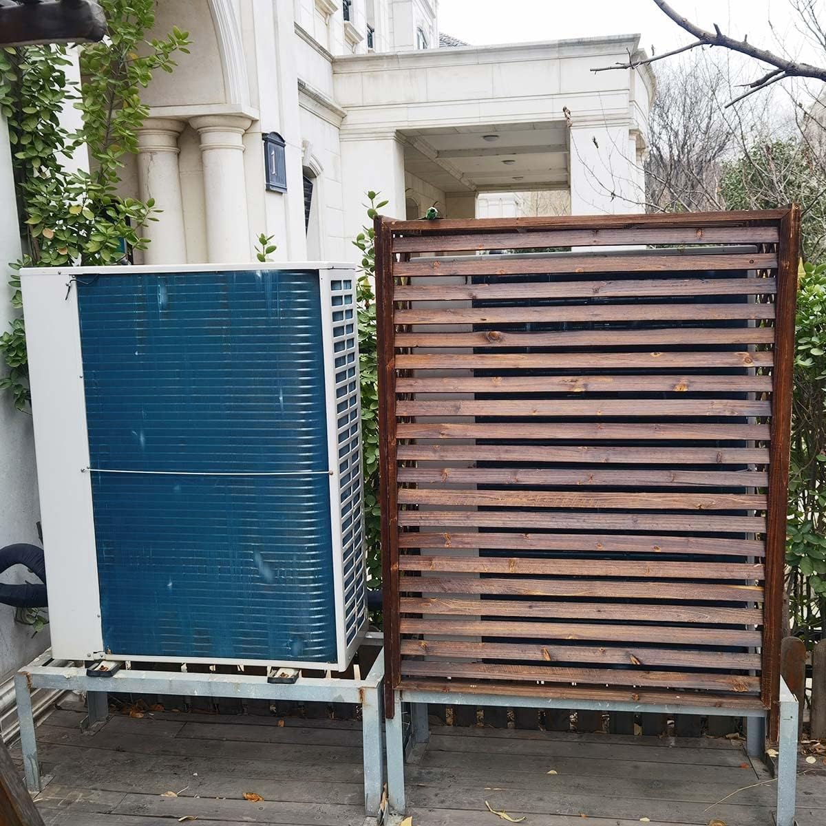 Weatherproof Shutters Central Air Conditioner Cover for Outside Units, Solid Wood Air Conditioner Fence Privacy Screen Plant Stand, Freestanding Shelf Decoration Rack, Shutter Design (Size