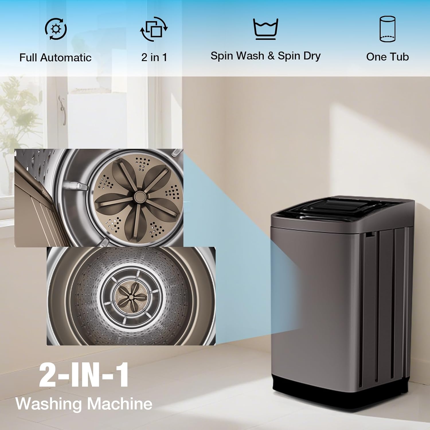 18lbs Portable Washing Machine, Full Automatic Washer and Dryer, 2.4 Cu Ft Compact with Drain Pump, 10 Wash Programs & 8 Water Levels, Ideal for Apartment, RV, Home Use, Brown