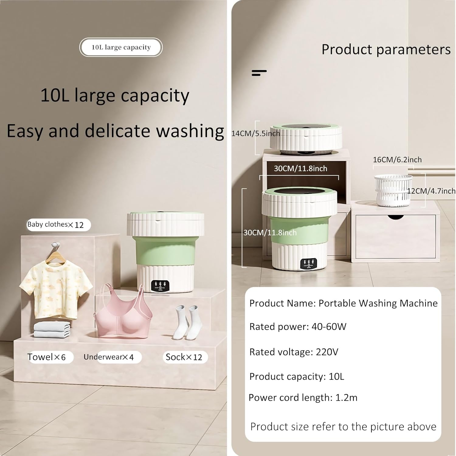 Portable Washing Machine, Foldable Mini Washing Machine, with Soft Spin Dry and Drainage Pipe, for Apartment, Laundry, Camping, Rv, Travel (Color : Beige)