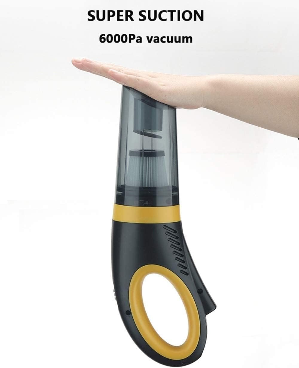 Handheld Vacuums Cordless, Washable HEPA Filter, 6000Pa Strong Suction Power, 120W High-Power Motor, Bass Operation, Charging Via USB, Dual-use for Home and Car(Yellow)
