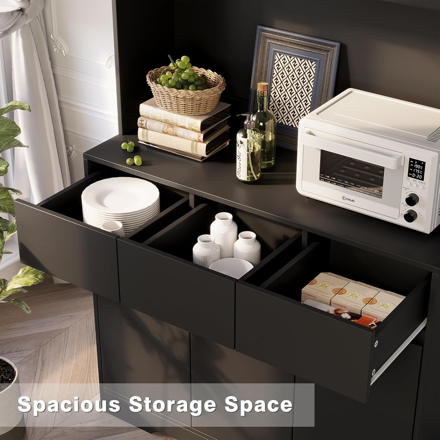 71'' Pantry Cabinet with LED Light & Charging Station, Tall Freestanding Kitchen Storage Cabinet with Microwave Stand, Modern Hutch with Drawers & Open Countertop for Dining Room, Living Room, Black