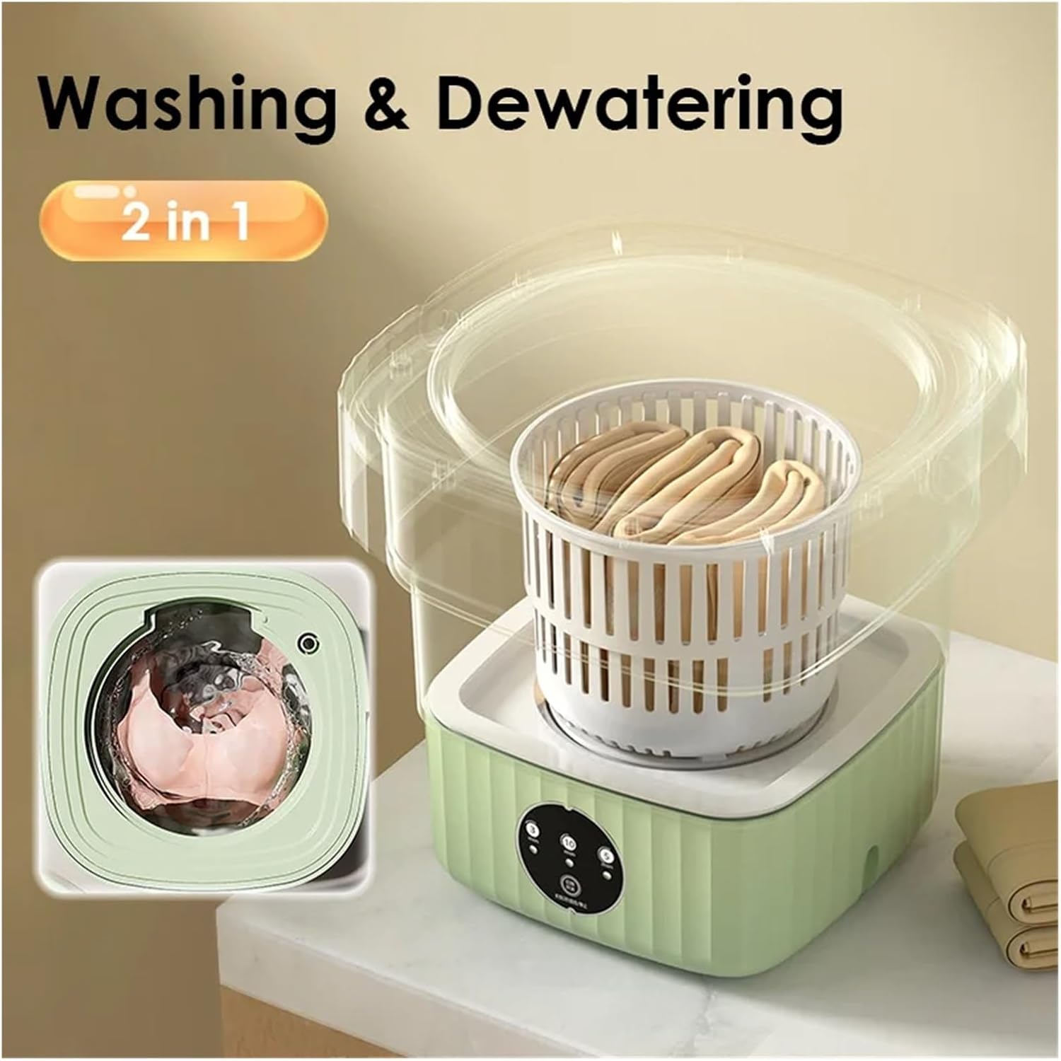 Compact Laundry. 10L Folding Portable Washing Machine Large Capacity Clothes Spin Dryer Bucket Travel Underwear Socks Ultrasonic Mini Washer .Portable(Pink)
