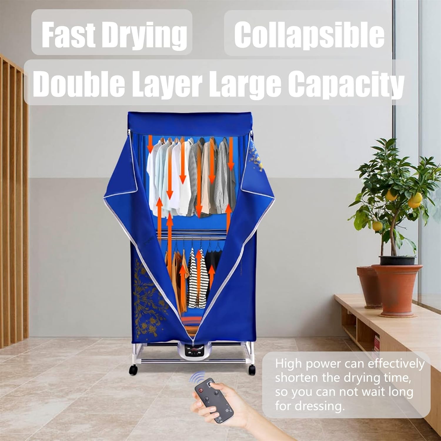 DYRABREST Folding Remote Control Plus Portable Clothes Dryer, Blue, 30kg Capacity, Stainless Steel, 1200-1500W, Front Load, DRYER