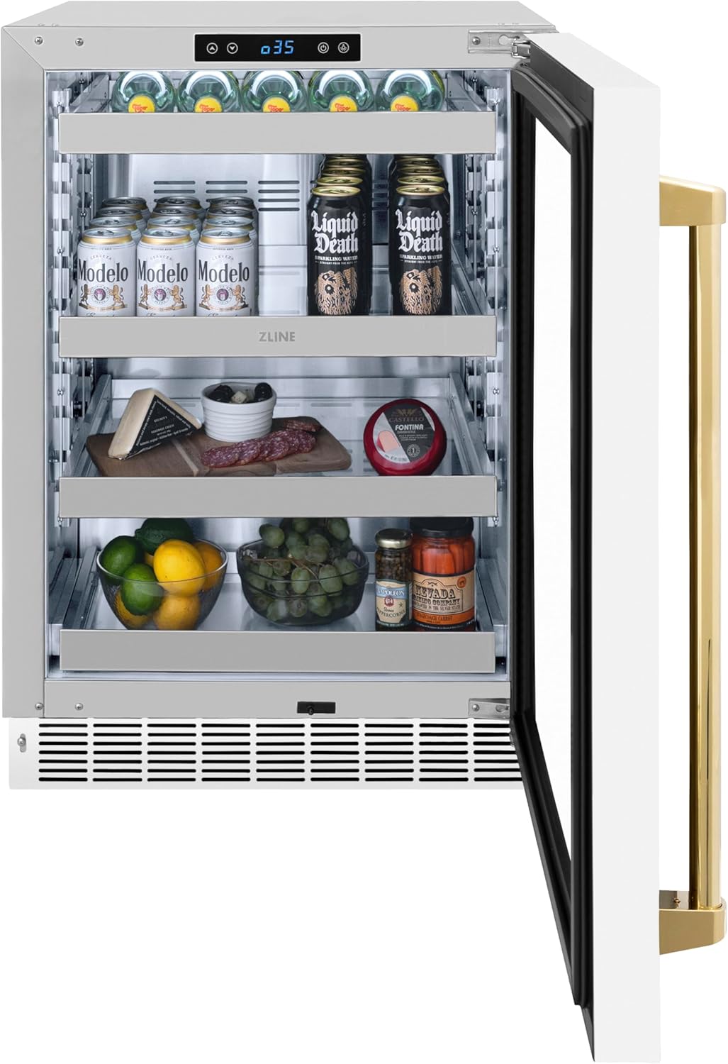 ZLINE Autograph Edition 24 in. Touchstone 151 Can Beverage Fridge With White Matte Glass Door And Polished Gold Handle (RBSOZ-WM-24-G)