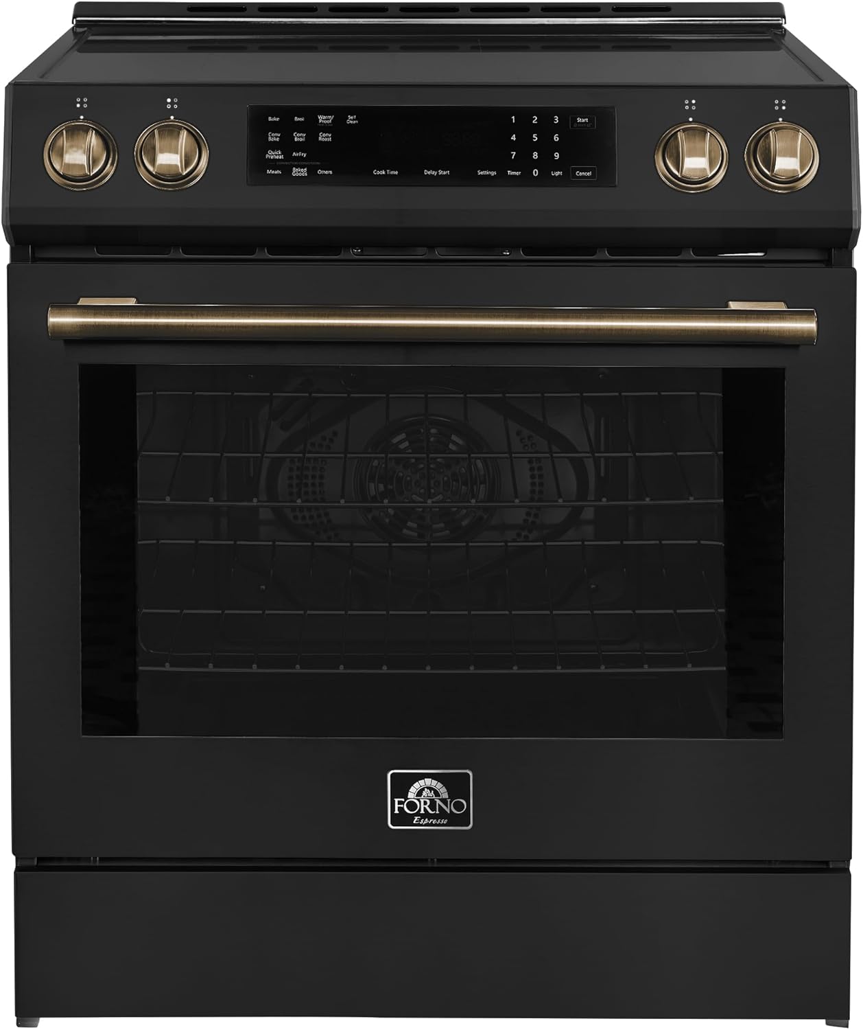 Forno Donatello 30-Inch Freestanding Induction Range, 5.0 cu.ft. Capacity – Stainless Steel with Antique Brass & Stainless Handle – LED Screen, 4 Radiant Elements, Convection Oven – Model FFRBI6468-30