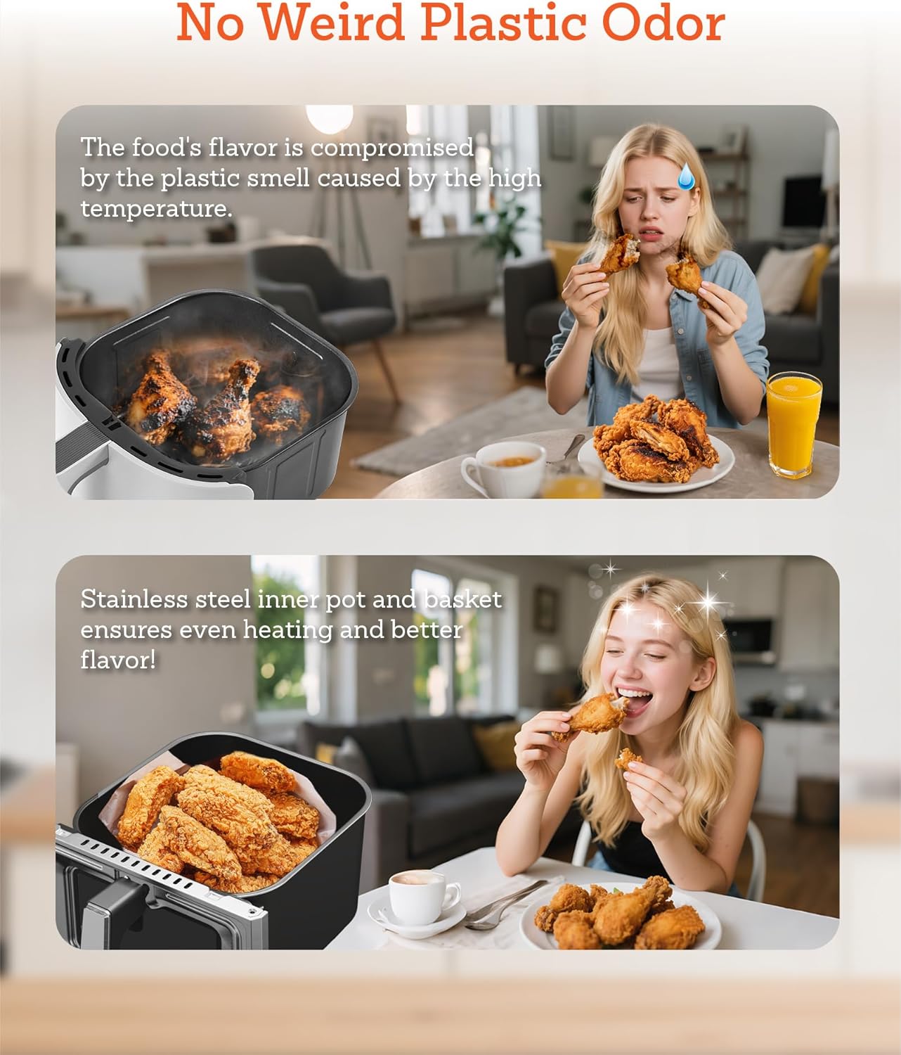 6 Qt Stainless Steel Air Fryer, Stainless Steel Housing& Full Metal Inner Pot, PTFE and PFAS Free, 9 Digital One-Touch Cook Functions,120°F~450°F, 1700W